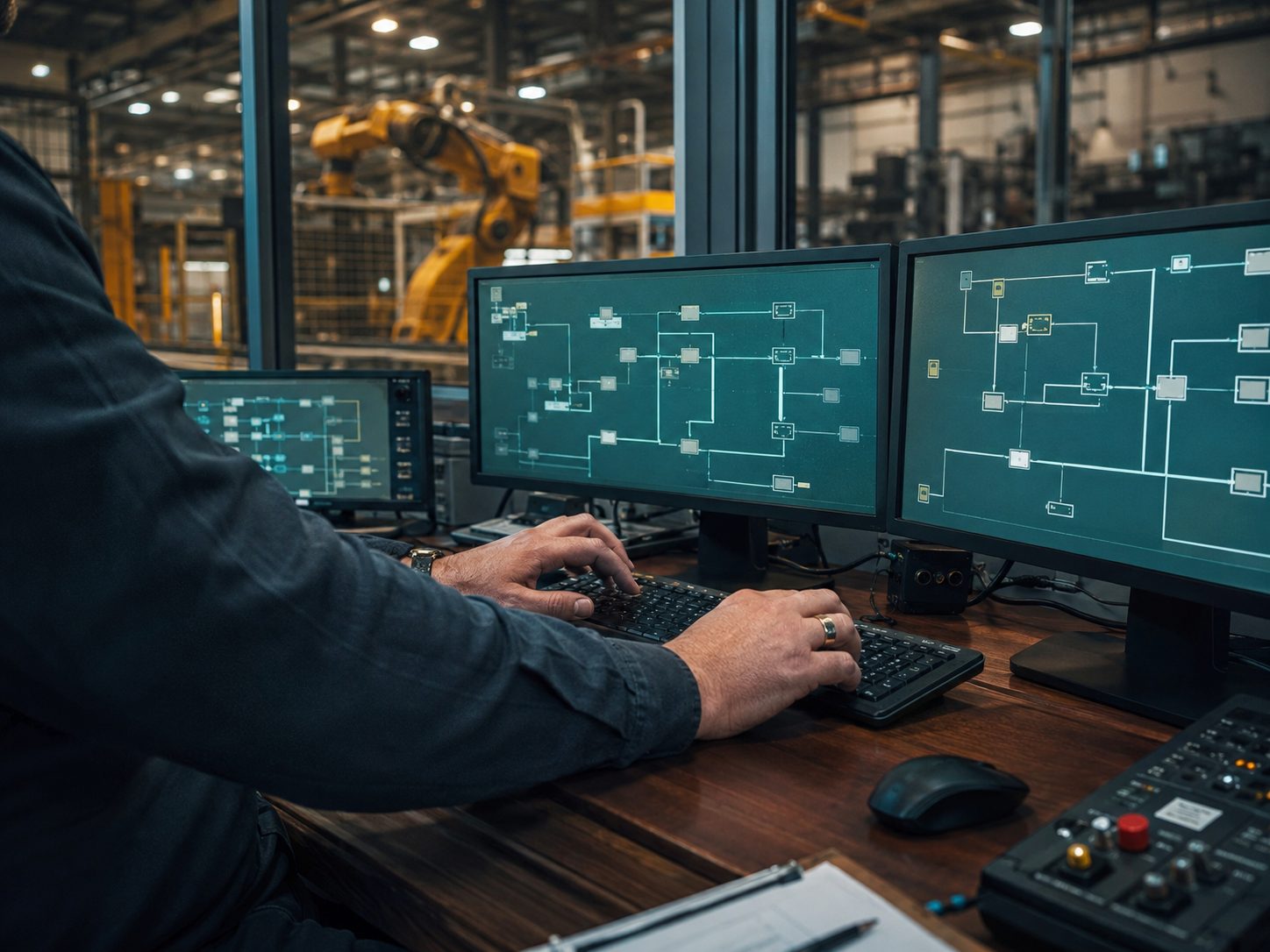 Tecnico che lavora su più monitor con diagrammi di flusso astratti, linea di produzione automatizzata sullo sfondo