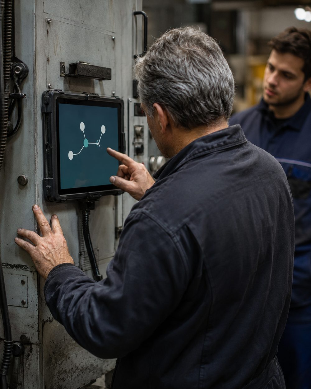 Tecnico esperto e schermo ORMA che ragiona su cause ed effetti di un problema di produzione