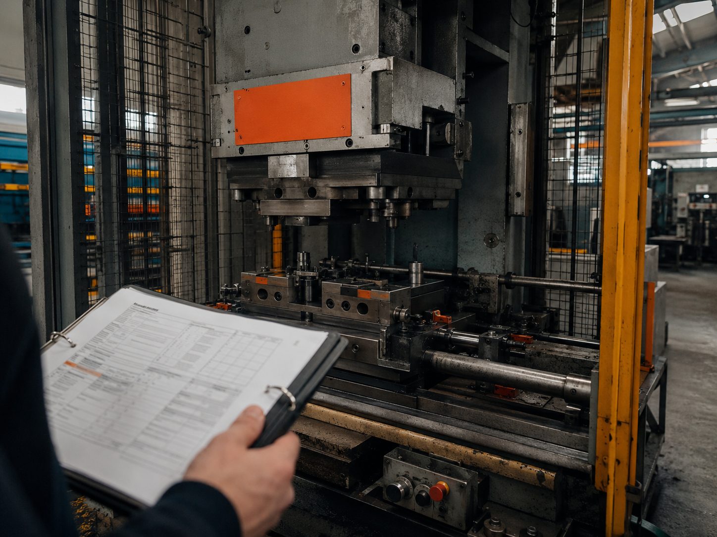 Macchinario industriale con etichetta di sicurezza e documentazione tecnica di conformità in primo piano
