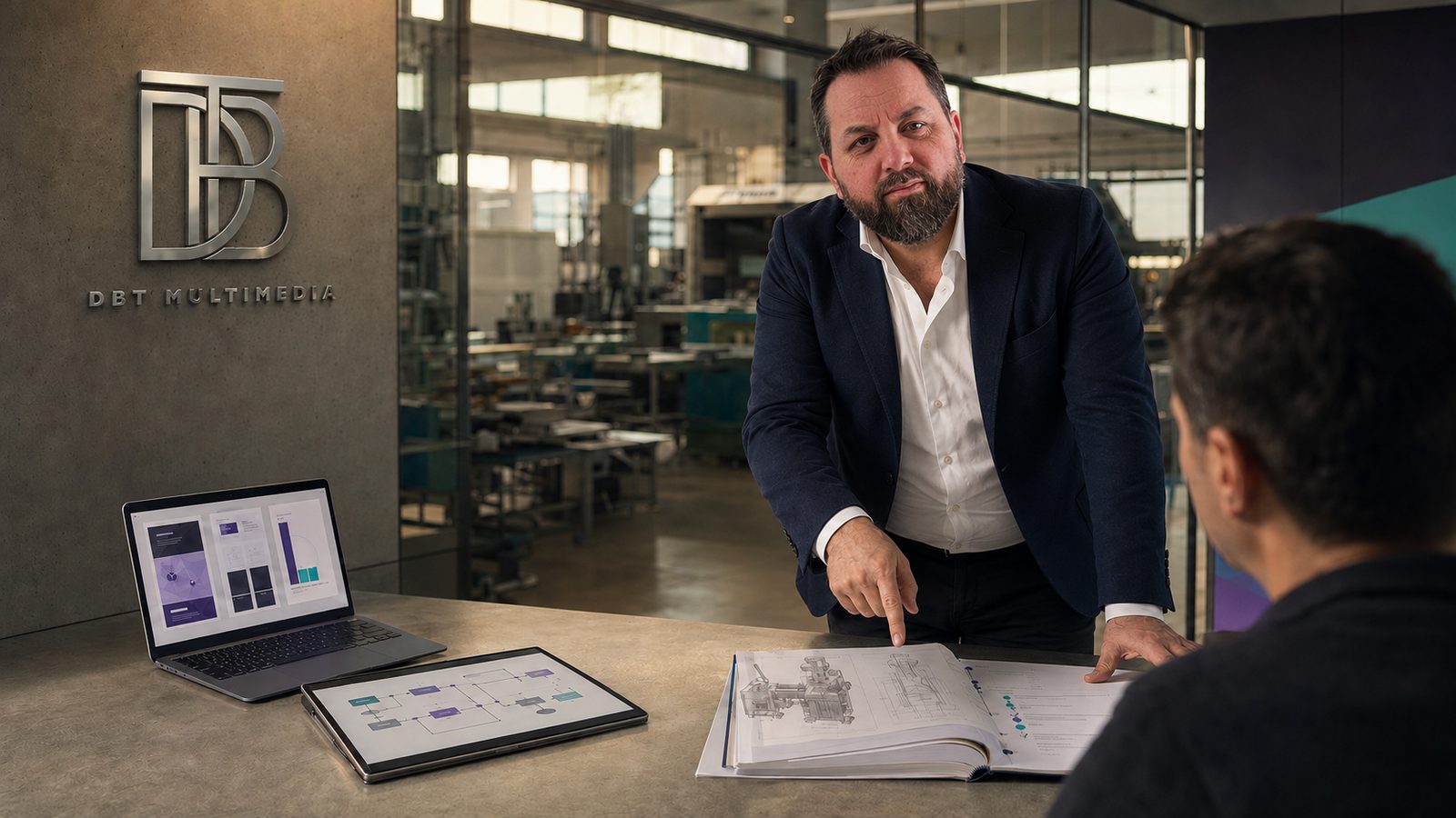 Febo Trasatti analizza il fascicolo tecnico di una macchina con un collega, mentre laptop e tablet mostrano gli strumenti digitali del metodo DBT Multimedia